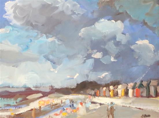 § Sherree Valentine Daines (1956-) Beach huts along the shore 5.25 x 6.75in.